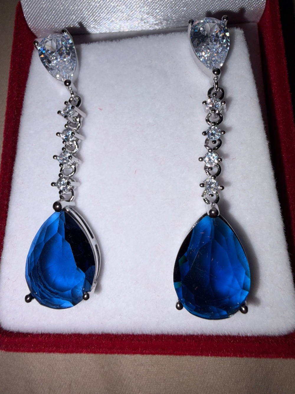 Blue and White Sapphire Teardrop Earrings: 14kt Gold/Silver